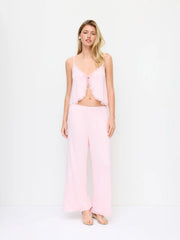 V-neck Lace Trim Tie Front Bow Top & Mid Rise Wide Leg Trousers Loungewear Set