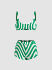 Terry U-neckline Stripe Bracelet Bikini Set & Cover Up Shorts