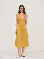 Linen-blend V-neck Beaded Cut Out Ruffle Maxi Dress
