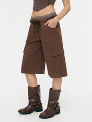 Cotton-blend High Rise Patchy Bermuda Drawstring Cargo Shorts