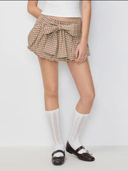 Mid Rise Plaid Bowknot Bubble Hem Mini Skort