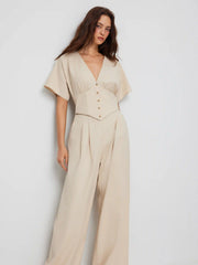 Linen-blend Mid Rise V-neck Ruched Wide Leg Jumpsuit