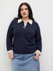 Knit Collar Colorblock Button Top Curve & Plus