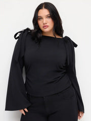 Boat Neck Bowknot Ruched Long Sleeve Top Curve & Plus