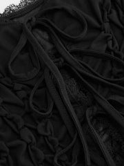 U-neckline Bowknot Lace Tie Front Ruched Tank Top