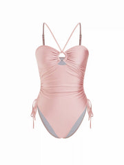 Halter Neckline Ring Linked Drawstring One-piece Swimsuit