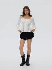 Cotton-blend Textured Scoop Neck Lace Panel Blouse