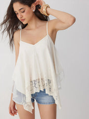 Chiffon Lace V-neck Lace Panel Hanky Hem Cami Blouse
