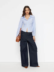 Cotton-blend Striped Collar Long Sleeve Drawstring Side Shirt