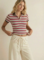 Cotton-blend Stripe Polo Neck Tee