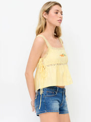 Jacquard Square Neckline Carrot Embroidery Lace Trim Knotted Top