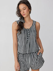 Cotton Gingham Tie Tank Top & Mid Rise Shorts Loungewear Set