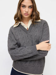 Cable Knit Collar Long Sleeve Two Tone Oversized Top