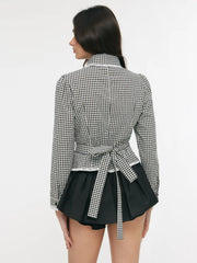 Cotton-blend Gingham Peter Pan Collar Broderie Anglaise Bowknot Blouse