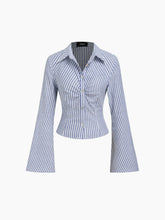 Cotton-blend Collar Stripe Ruched Bell Sleeve Shirt