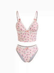 Sweet Floral Lace Trim V-neck Bowknot Cheeky Bikini Set