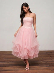 Mesh High Rise Strapless Ruched Bubble Maxi Dress