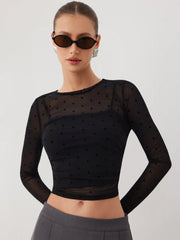 Two-piece Mesh Boat Neck Polka Dot Top & Solid Cami Top