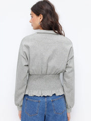 Cotton-blend Collar Smocking Ruffled Hem Sweatshirt