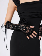Lace Up Fingerless Long Gloves
