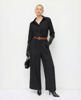 Collar Ruched Wide Leg Shirt Jumpsuit