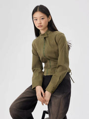 Denim Stand Collar Jacket With Lace up
