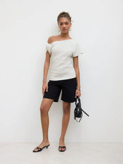 Cotton-blend Asymmetrical Neck Twist Short Sleeve Top