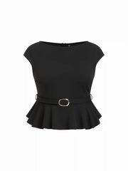 Boat Neck Belted Ruffle Hem Metal Detail Peplum Crop Top Curve & Plus