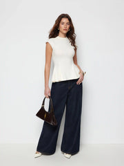 Knit Stand Collar Peplum Hem Short Sleeve Top
