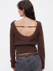 Knit Boat Neck Backless Chain Detail Long Sleeve Top