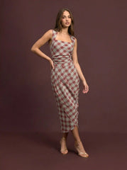 Geometric Checks Square Neck Wrap Ruched Midi Dress