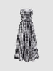 Tube Gingham Ruffle Shirred Zipper Midi Dress