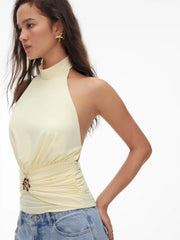 Halter Neckline Ruched Backless Metal Detail Top