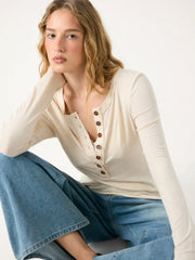 Wool-blend Round Neckline Button Long Sleeve Top