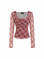 Plaid Cowl Neck Long Sleeve Top