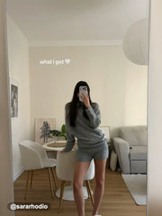 Knit Wool-blend Asymmetrical Neck Long Sleeve Sweater & Low Rise Shorts Set