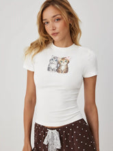 Cotton-blend Cat Graphic Bowknot Short Sleeve Tee