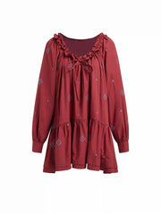 Cotton-blend Flower & Strawberry Graphic U-neckline Ruched Babydoll Mini Dress