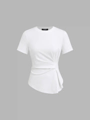 Cotton-blend Round Neckline Ruched Asymmetrical Hem Tee