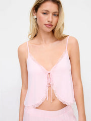 V-neck Lace Trim Tie Front Bow Top & Mid Rise Wide Leg Trousers Loungewear Set