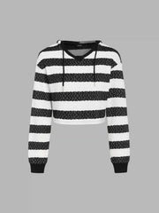 Knit Stripe Drawstring Crop Hoodie