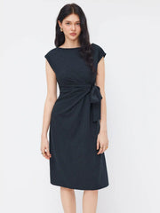 Boat Neck Stripe Knotted Ruched Midi Dress