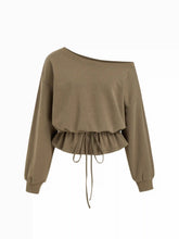 Cotton-blend Asymmetrical Neck Drawstring Cinched Waist Oversized Sweatshirt