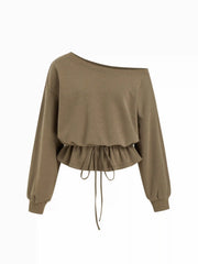 Cotton-blend Asymmetrical Neck Drawstring Cinched Waist Oversized Sweatshirt