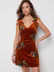 Velvet V-Neck Floral Embroidery Ruched Mini Dress