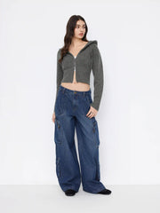Cider Denim Low Rise Wide Leg Cargo Jeans