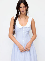 Linen-Blend Sculptural Striped U-neckline Lace up Backless Maxi Dress