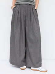 Wool-look Cotton-blend Mid Rise Striped Wide Leg Trousers