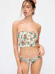 Bandeau Floral Shirred Lettuce Trim Bracelet Bikini Set