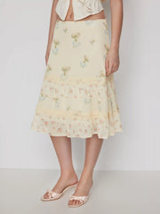 Chiffon Ditsy Floral Low Rise Tiered Lace Trim Midi Skirt